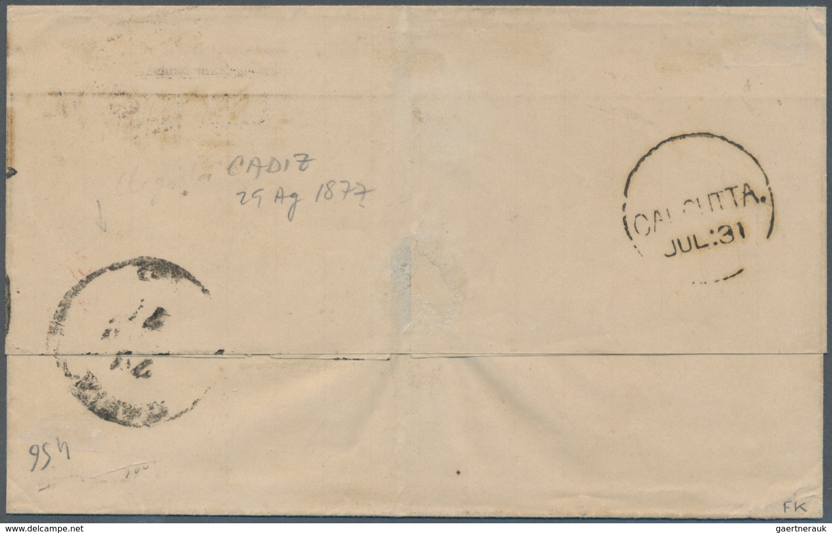 Birma / Burma / Myanmar: Burma 1877: Envelope Addressed To Cadiz Bearing India SG 58, 1a Brown And S - Myanmar (Birma 1948-...)