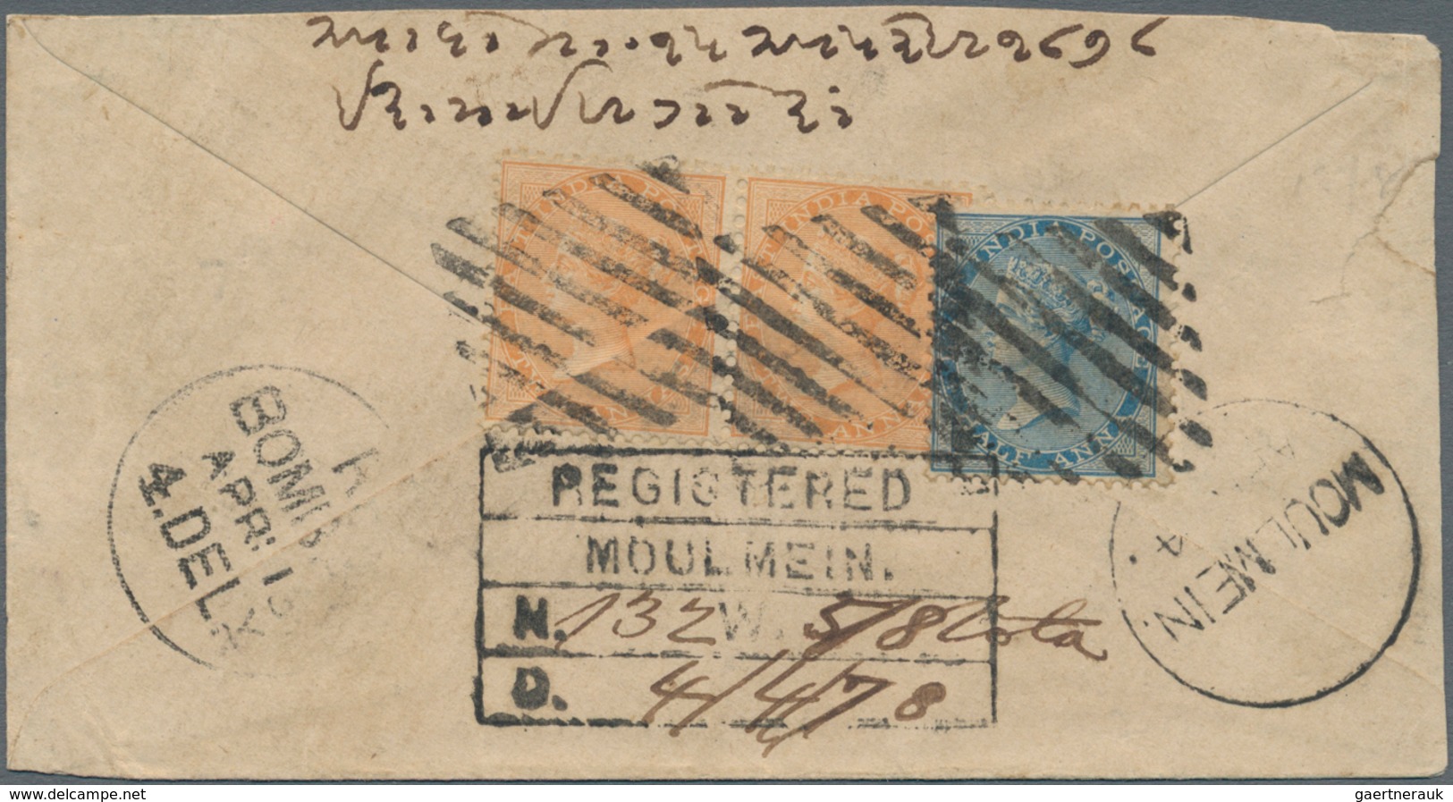 Birma / Burma / Myanmar: 1878. Registered India Postal Stationery Envelope Half Anna Blue (faults) U - Myanmar (Birma 1948-...)