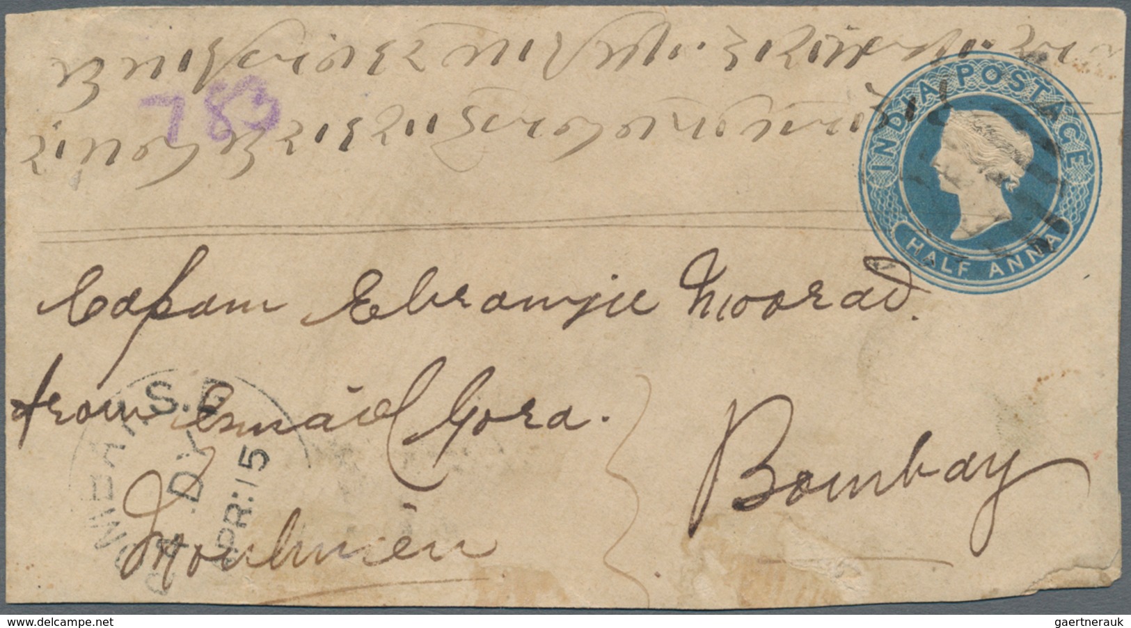 Birma / Burma / Myanmar: 1878. Registered India Postal Stationery Envelope Half Anna Blue (faults) U - Myanmar (Birma 1948-...)