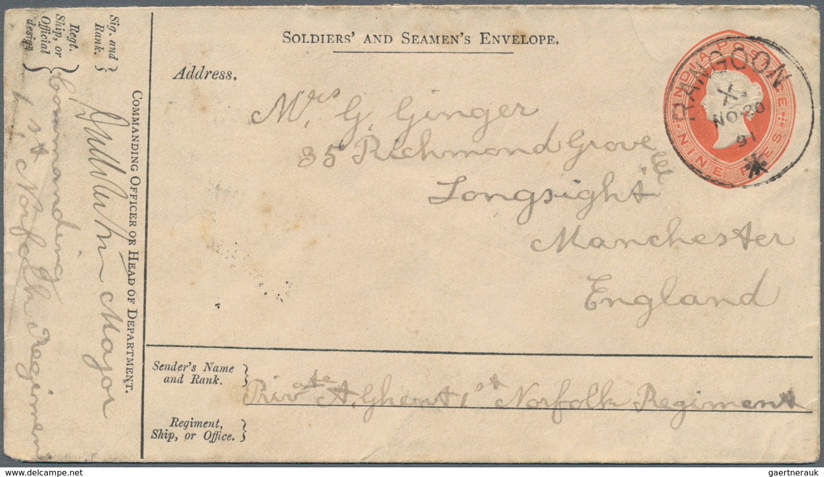 Birma / Burma / Myanmar: 1891. 'Soldiers And Seamen's Envelope' Nine Pies Red Written From The 'Priv - Myanmar (Birma 1948-...)