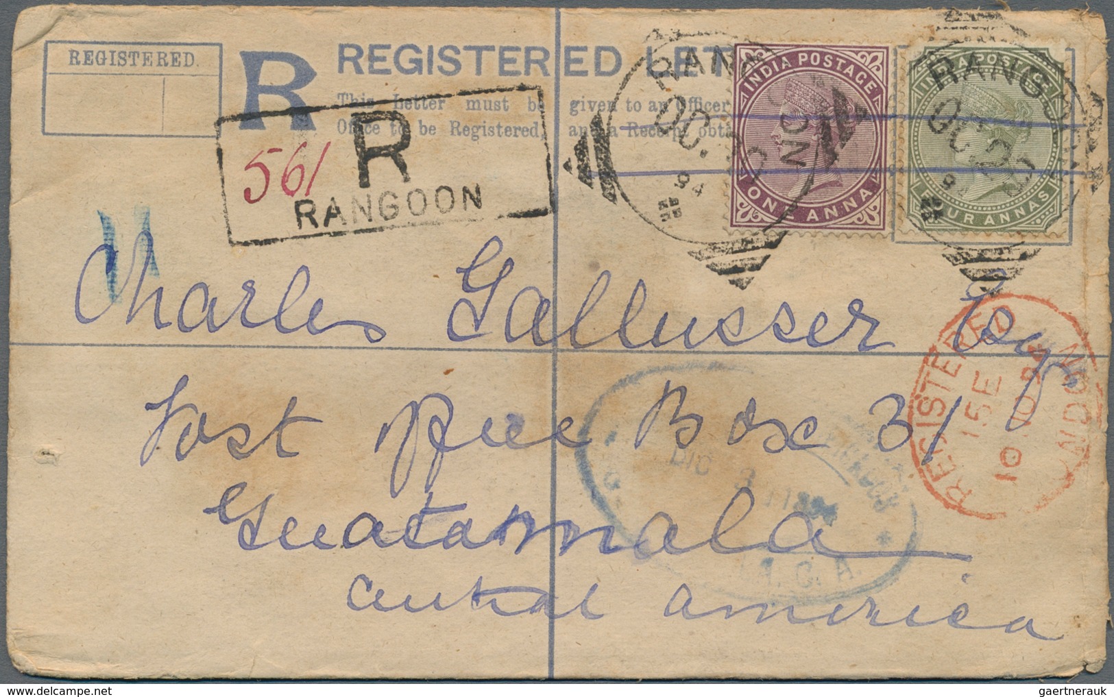 Birma / Burma / Myanmar: 1894, Indian Registered Stationery Envelope Uprated With 1 And 4 Annas QV W - Myanmar (Birma 1948-...)