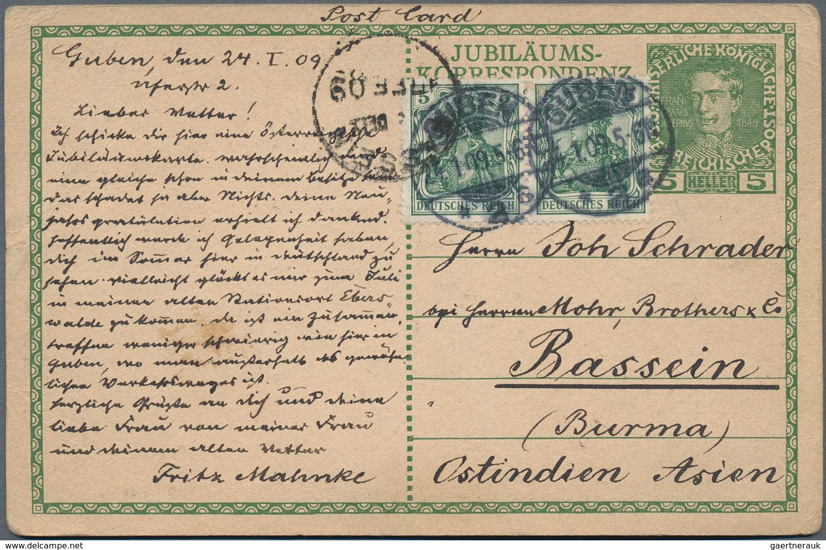Birma / Burma / Myanmar: 1909, 5 Pfg. Germania, Horizontal Pair On Austrian Stat. Card Sent From GUB - Myanmar (Birma 1948-...)