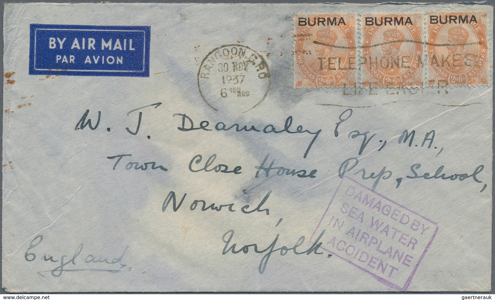 Birma / Burma / Myanmar: 1937. Air Mail Envelope Addressed To Norfolk, England Bearing Burma SG 6, 2 - Myanmar (Birma 1948-...)