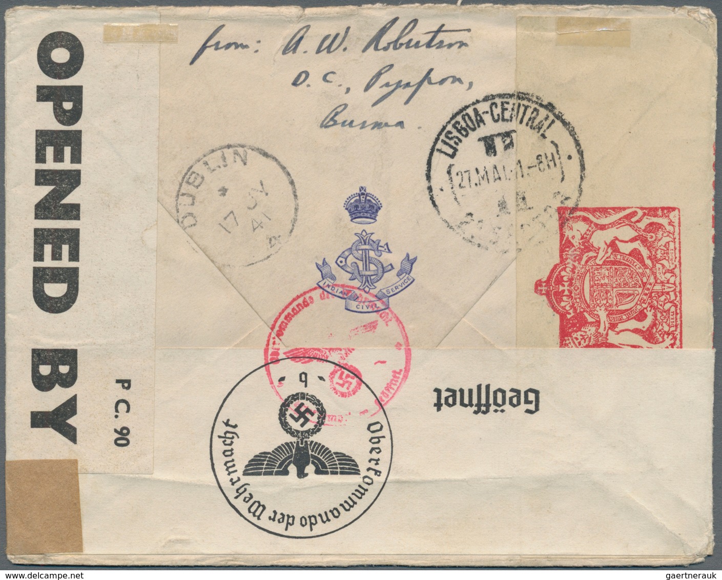 Birma / Burma / Myanmar: 1940. Envelope (opened On Three Sides For Display) Written From Pyapon Addr - Myanmar (Burma 1948-...)