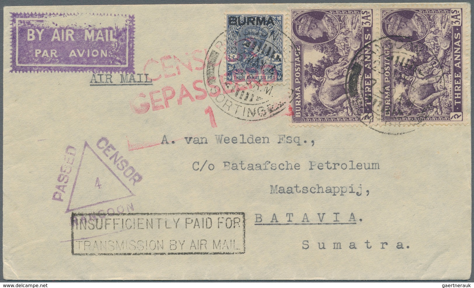 Birma / Burma / Myanmar: 1940. Air Mail Envelope Addressed To Batavia, Netherlands Indies Bearing Bu - Myanmar (Birma 1948-...)