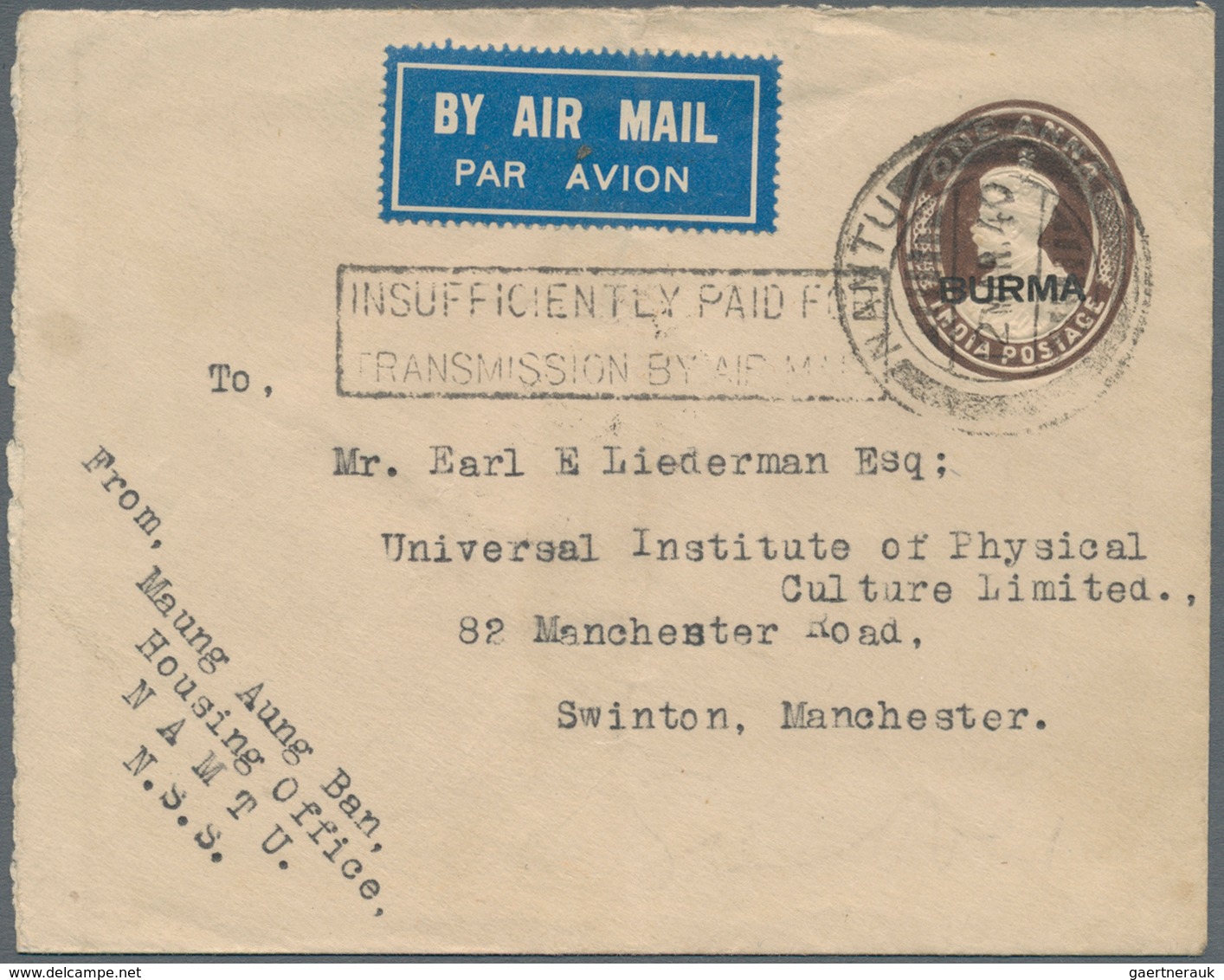 Birma / Burma / Myanmar: 1940. Air Mail Postal Stationery Envelope 'one Anna Brown Upgraded (on Reve - Myanmar (Birma 1948-...)