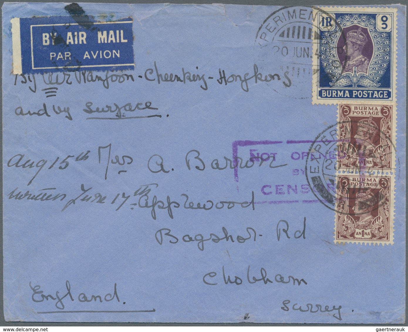 Birma / Burma / Myanmar: 1941. Air Mail Envelope Endorsed 'By Air Rangoon-Chungking-Hong Kong And By - Myanmar (Birma 1948-...)