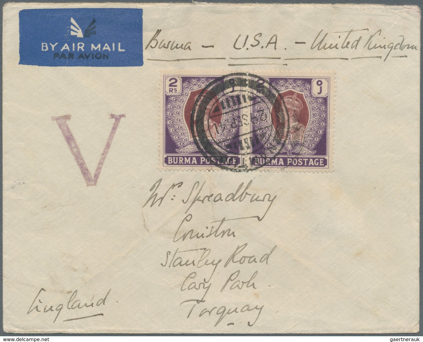 Birma / Burma / Myanmar: 1941. Air Mail Envelope Endorsed 'Burma-USA-United Kingdom' Addressed To En - Myanmar (Birma 1948-...)