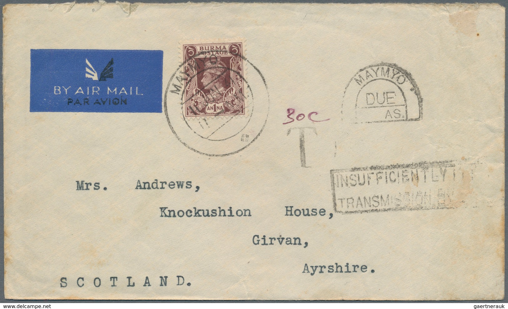 Birma / Burma / Myanmar: 1941. Air Mail Envelope Addressed To Scotland Bearing SG 22, 1a Brown Tied - Myanmar (Birma 1948-...)