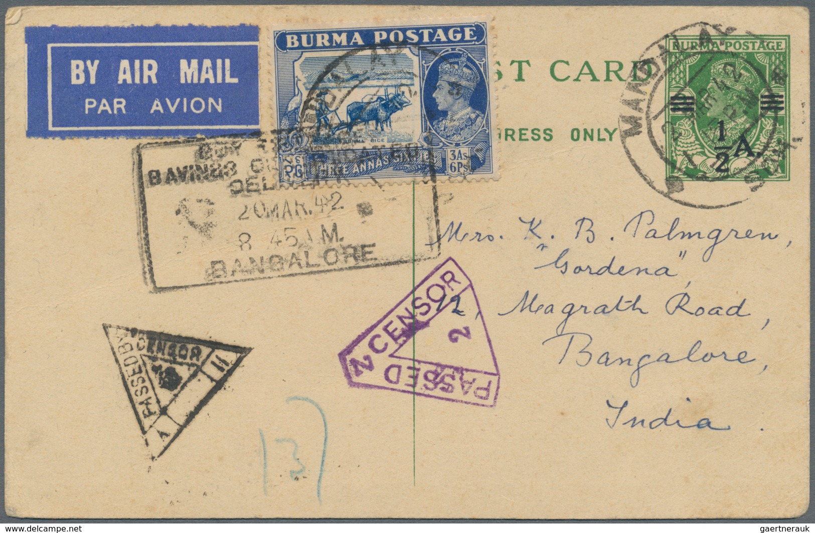 Birma / Burma / Myanmar: 1942. Air Mail Burma Postal Stationery Card 'half Anna On 9 Pies' Green (wr - Myanmar (Birma 1948-...)