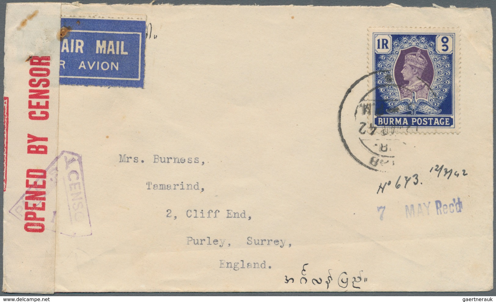 Birma / Burma / Myanmar: 1942. Air Mail Envelope Addressed To England Bearing Burma SG 30, 1r Blue A - Myanmar (Birma 1948-...)