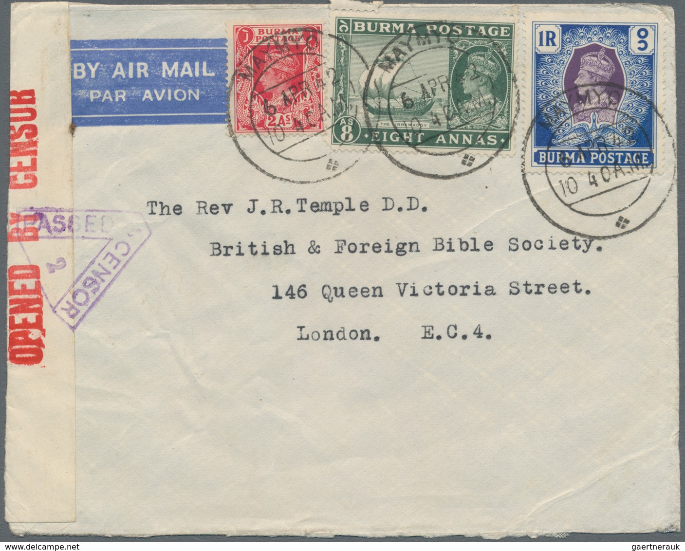 Birma / Burma / Myanmar: 1942. Air Mail Envelope Addressed To London Bearing Burma SG 24, 2a Carmine - Myanmar (Birma 1948-...)