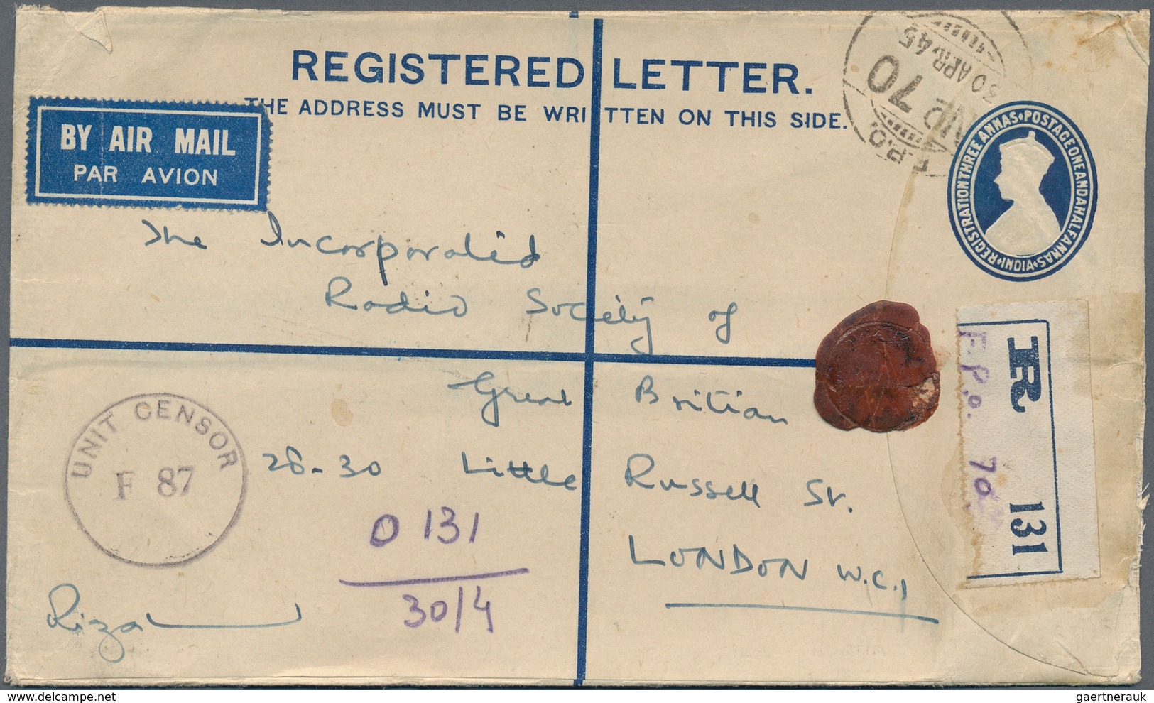 Birma / Burma / Myanmar: 1945. Registered Air Mail Indian Postal Stationery Envelope 'three Annas Po - Myanmar (Birma 1948-...)