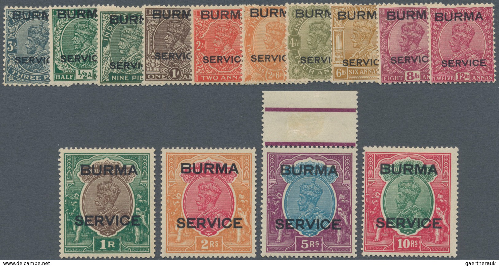 Birma - Dienstmarken: 1937, India KGV Definitives With Opt. 'BURMA / SERVICE' Complete Set Of 14, Mi - Myanmar (Birma 1948-...)