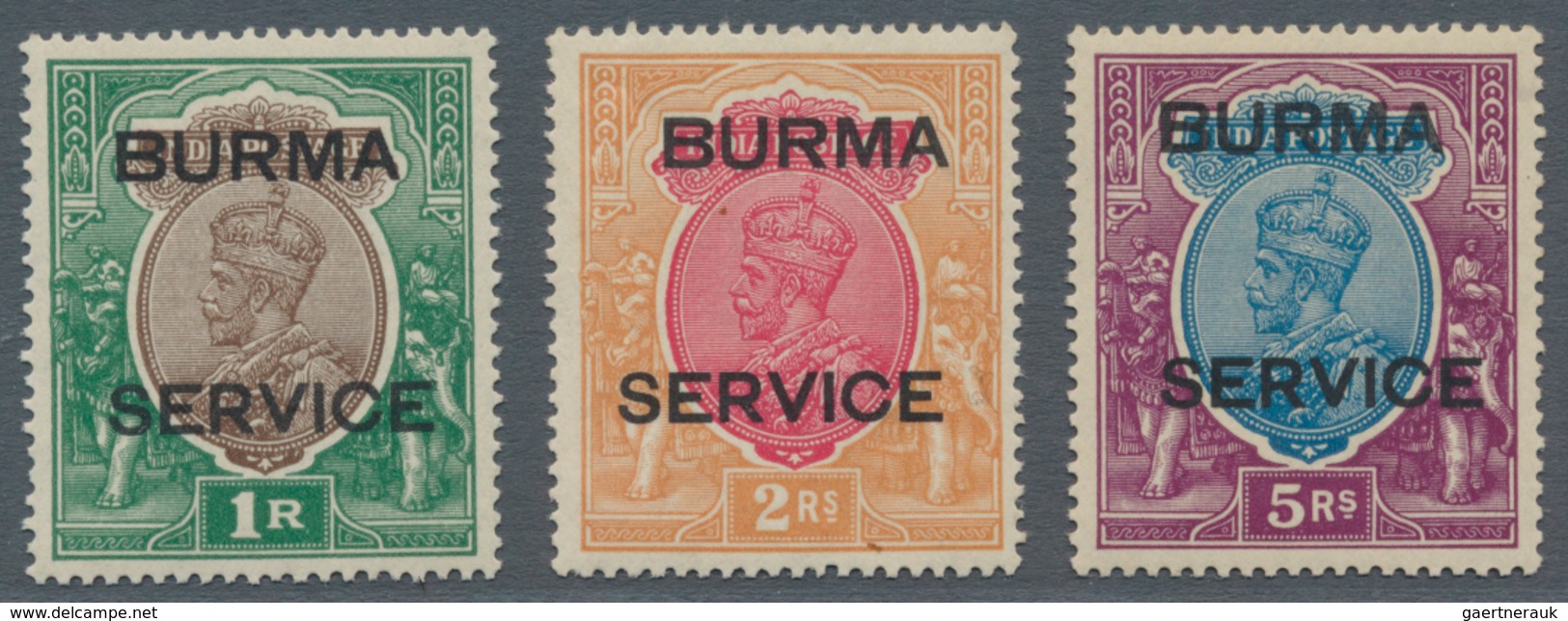 Birma - Dienstmarken: 1937 KGV. Officials 1r., 2r. And 5r., Mint Never Hinged (1r. And 2r.) Or Light - Myanmar (Birma 1948-...)