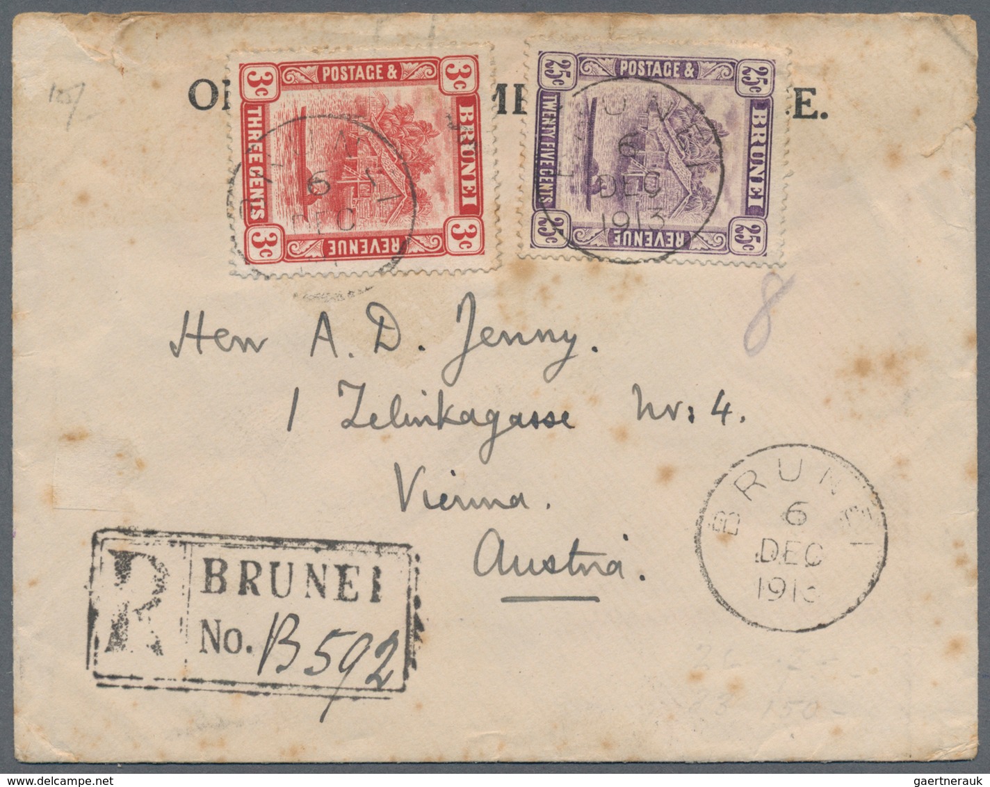 Brunei: 1913, 3c. Scarlet And 25c. Deep Lilac On Registered Cover From "BRUNEI 6 DEC 1913" To Vienna - Brunei (1984-...)