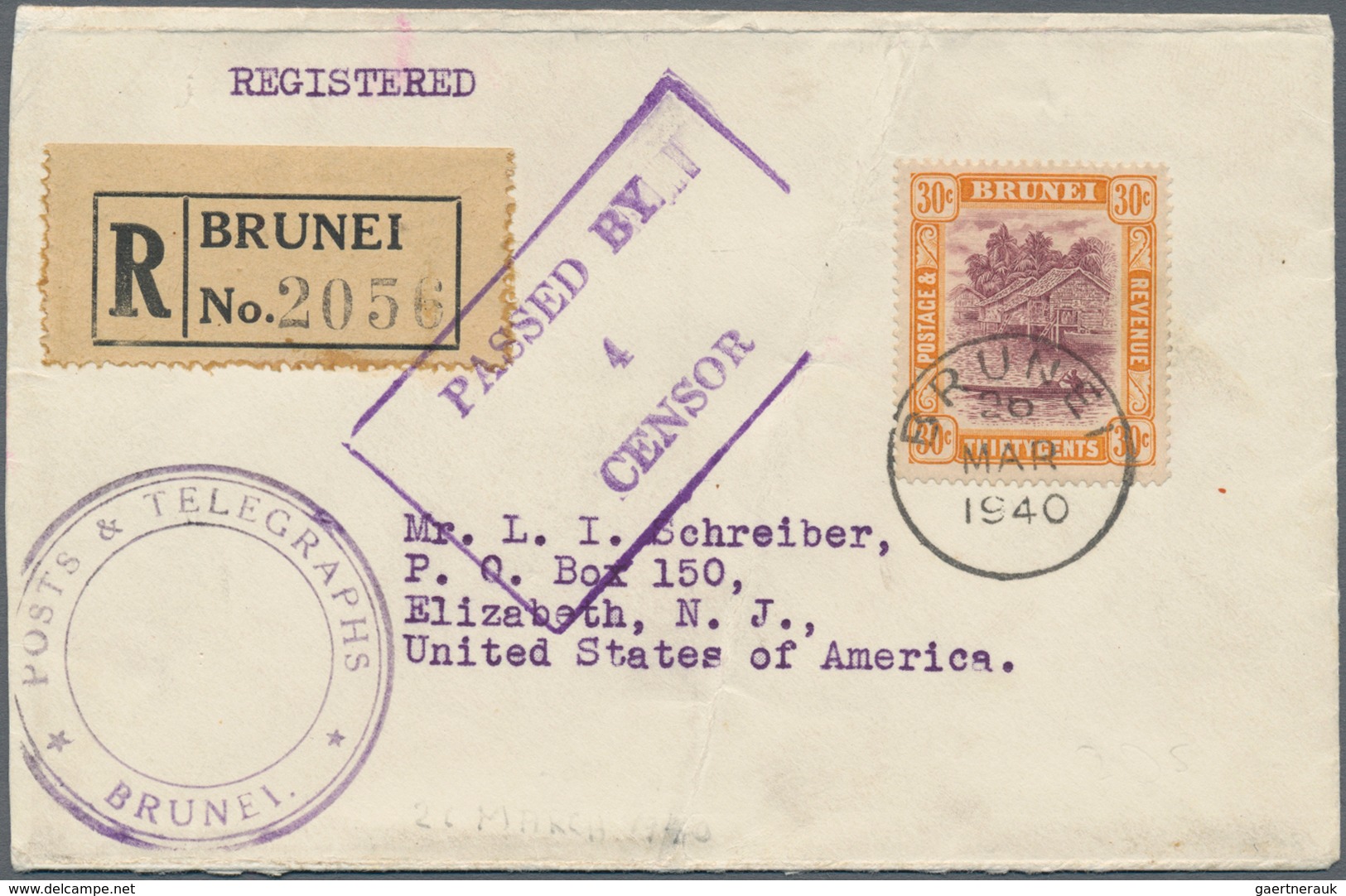 Brunei: 1940. Registered Envelope Addressed To The United States Bearing Brunei SG 75, 30c Black And - Brunei (1984-...)