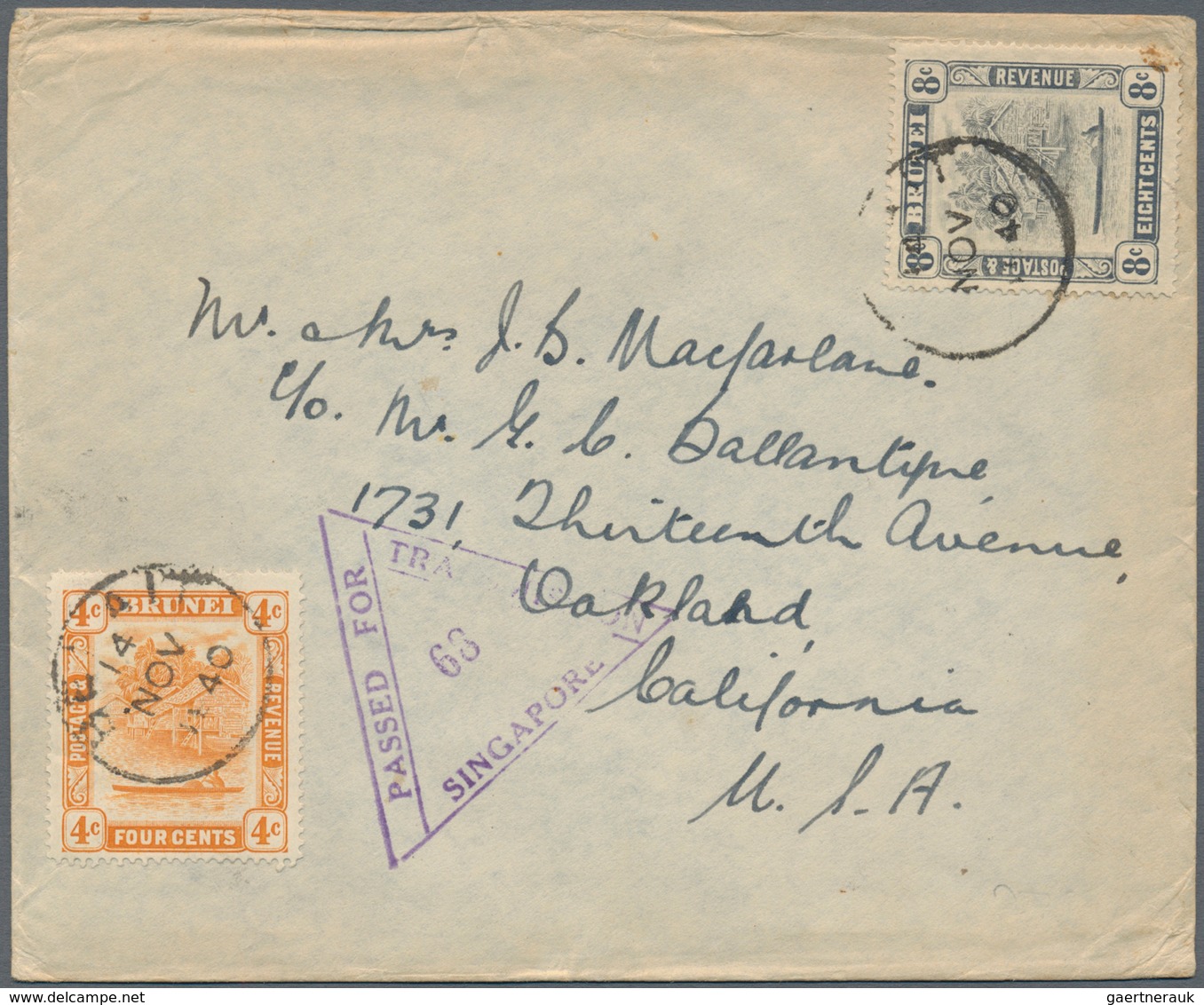 Brunei: 1940. Envelope Addressed To The United States Bearing Brunei SG 65, 4c Orange And SG 72, 8c - Brunei (1984-...)