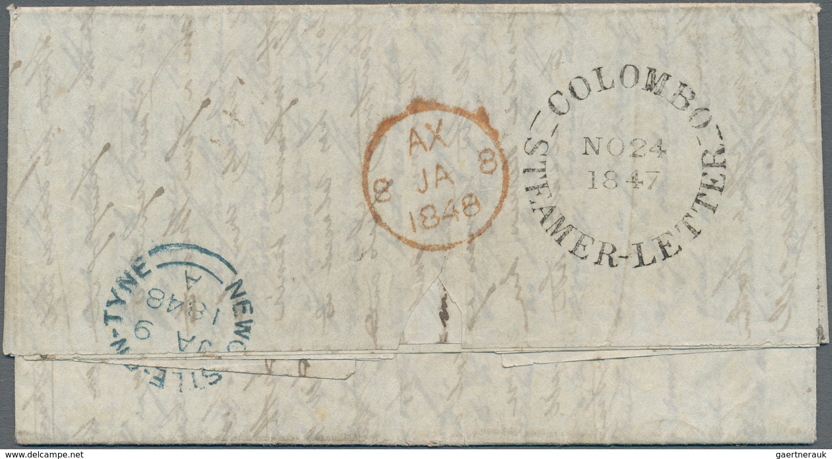 Ceylon / Sri Lanka: 1847, Entire From COLOMBO Addressed To Newcastle On Tyne, Rate 1/10 D With Super - Sri Lanka (Ceylon) (1948-...)