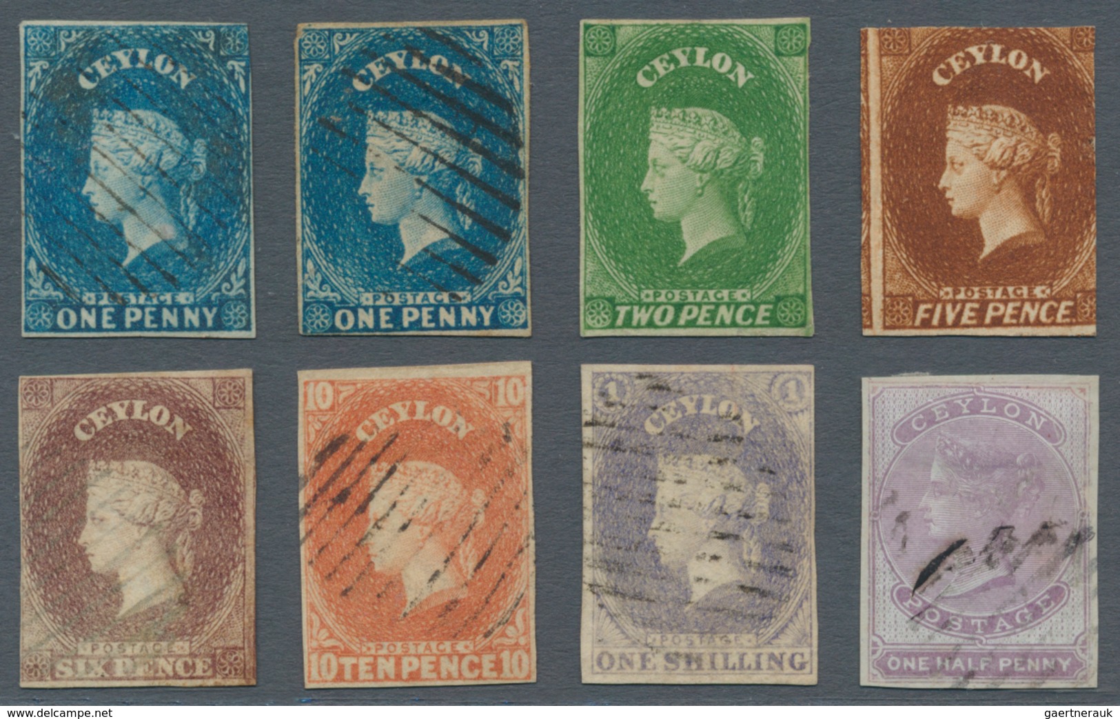 Ceylon / Sri Lanka: 1857 Group Of Eight Imperforated Stamps Of First Issues, With Two Singles 1d. Bl - Sri Lanka (Ceylon) (1948-...)