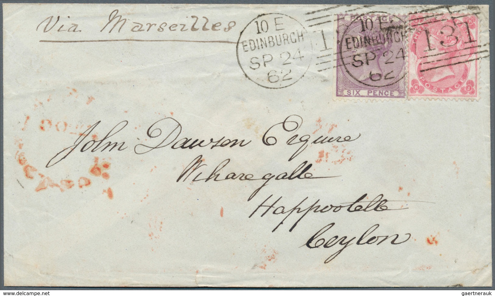 Ceylon / Sri Lanka: 1857. Envelope (creases, Tears) Addressed To 'Happootelle, Ceylon' Bearing SG 76 - Sri Lanka (Ceylon) (1948-...)