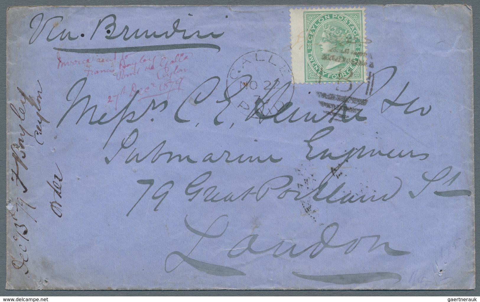 Ceylon / Sri Lanka: 1872 Wing-marginal Single 24c. Green Used On Cover From Galle To London 'Via Bri - Sri Lanka (Ceylon) (1948-...)