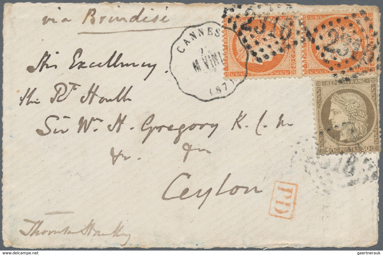 Ceylon / Sri Lanka: 1873. Cover Front Addressed To Ceylon Bearing French 'Ceres' Yvert 38, 40c Orang - Sri Lanka (Ceylon) (1948-...)