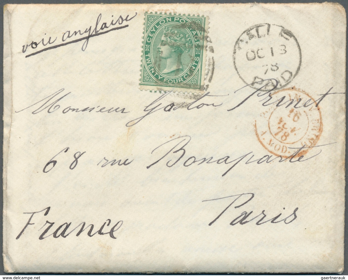 Ceylon / Sri Lanka: 1878. Envelope Written On Board The French Steamer "Sarthe" Near The Maldives '6 - Sri Lanka (Ceylon) (1948-...)