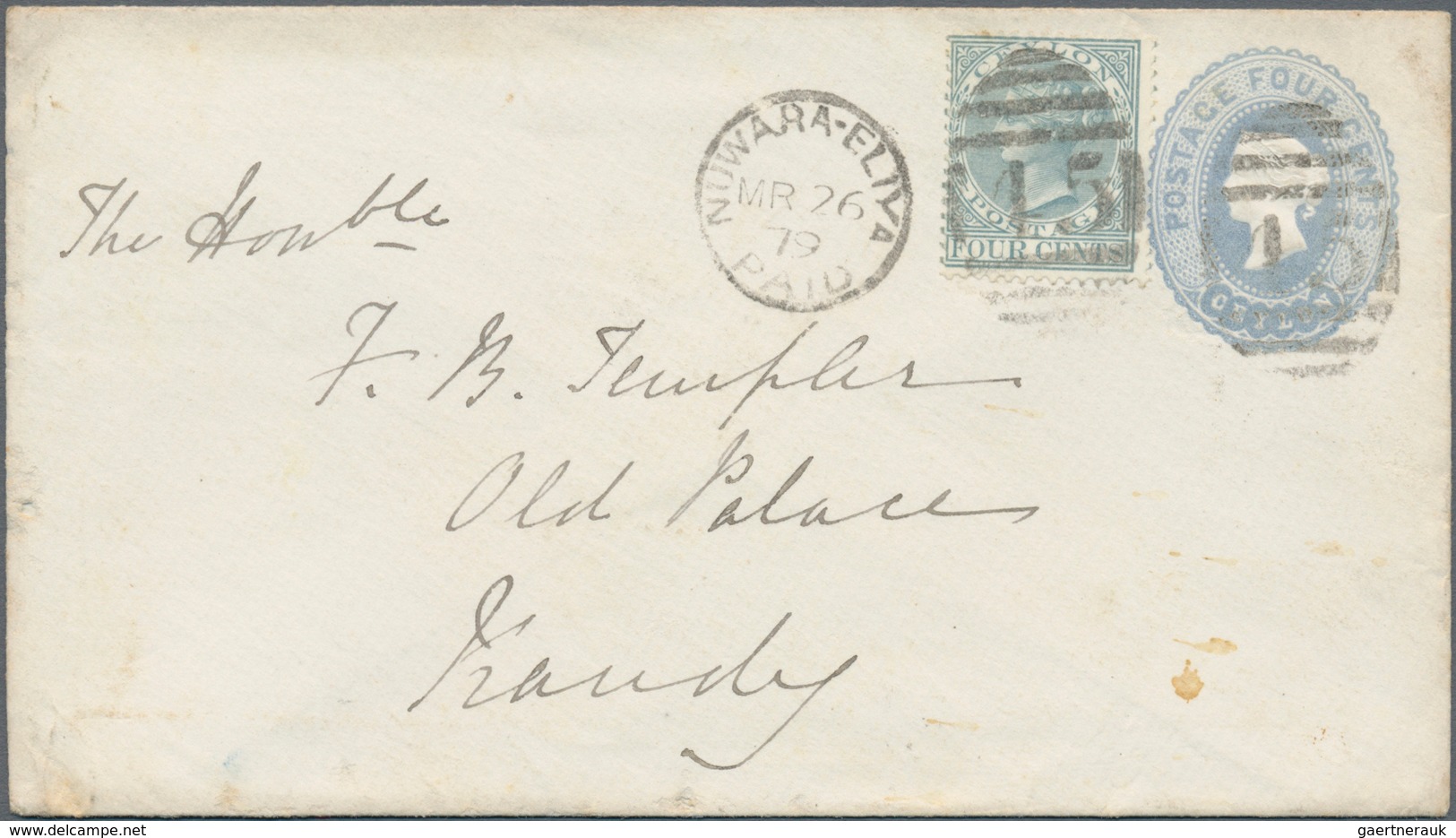 Ceylon / Sri Lanka: 1879. Ceylon Postal Stationery Envelope 'Four Cents' Grey Upgraded With SG 122, - Sri Lanka (Ceylon) (1948-...)