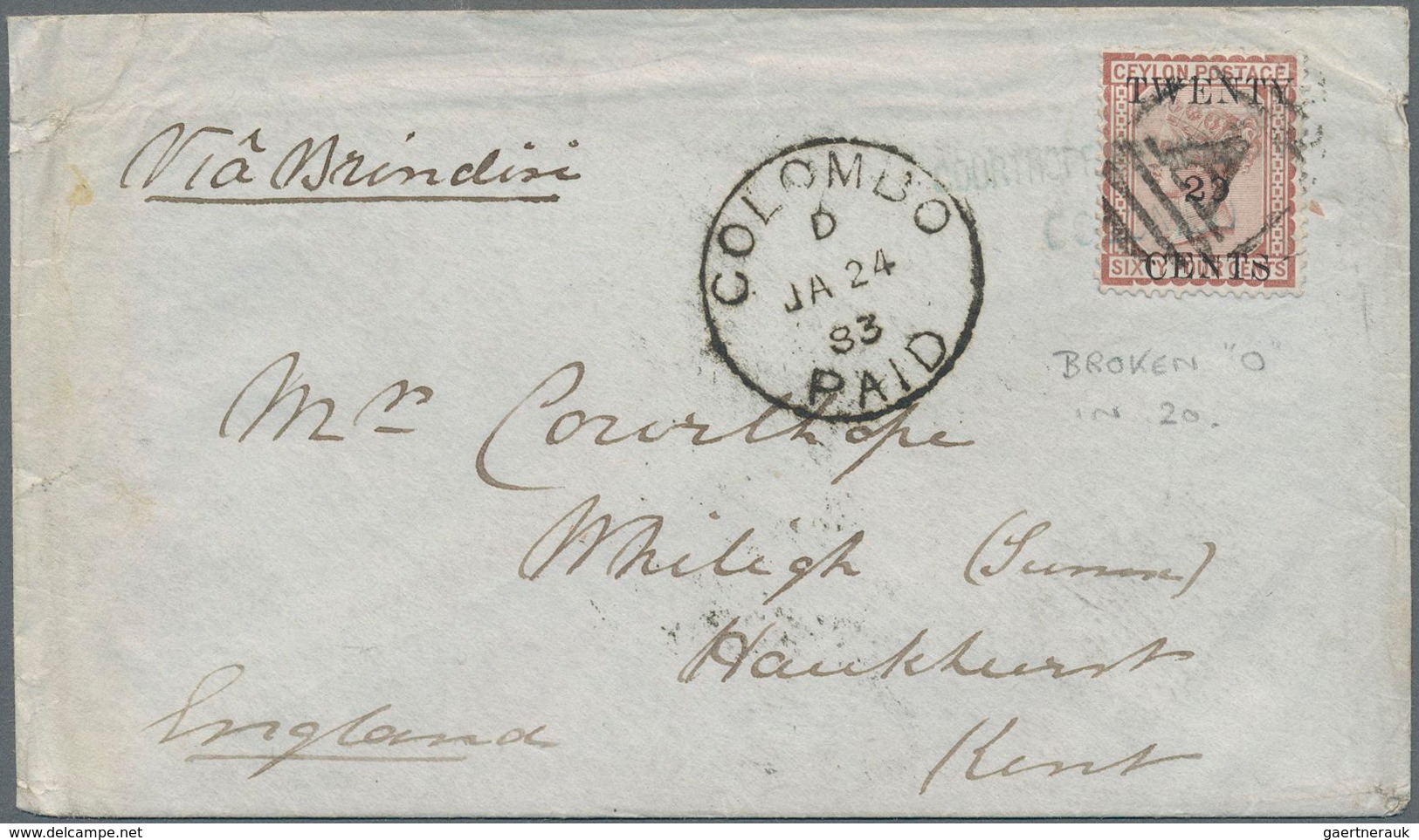 Ceylon / Sri Lanka: 1882 QV 20c. On 64c. Red-brown, Overprint Showing Incomplete "0" Of 20 (reading - Sri Lanka (Ceylon) (1948-...)