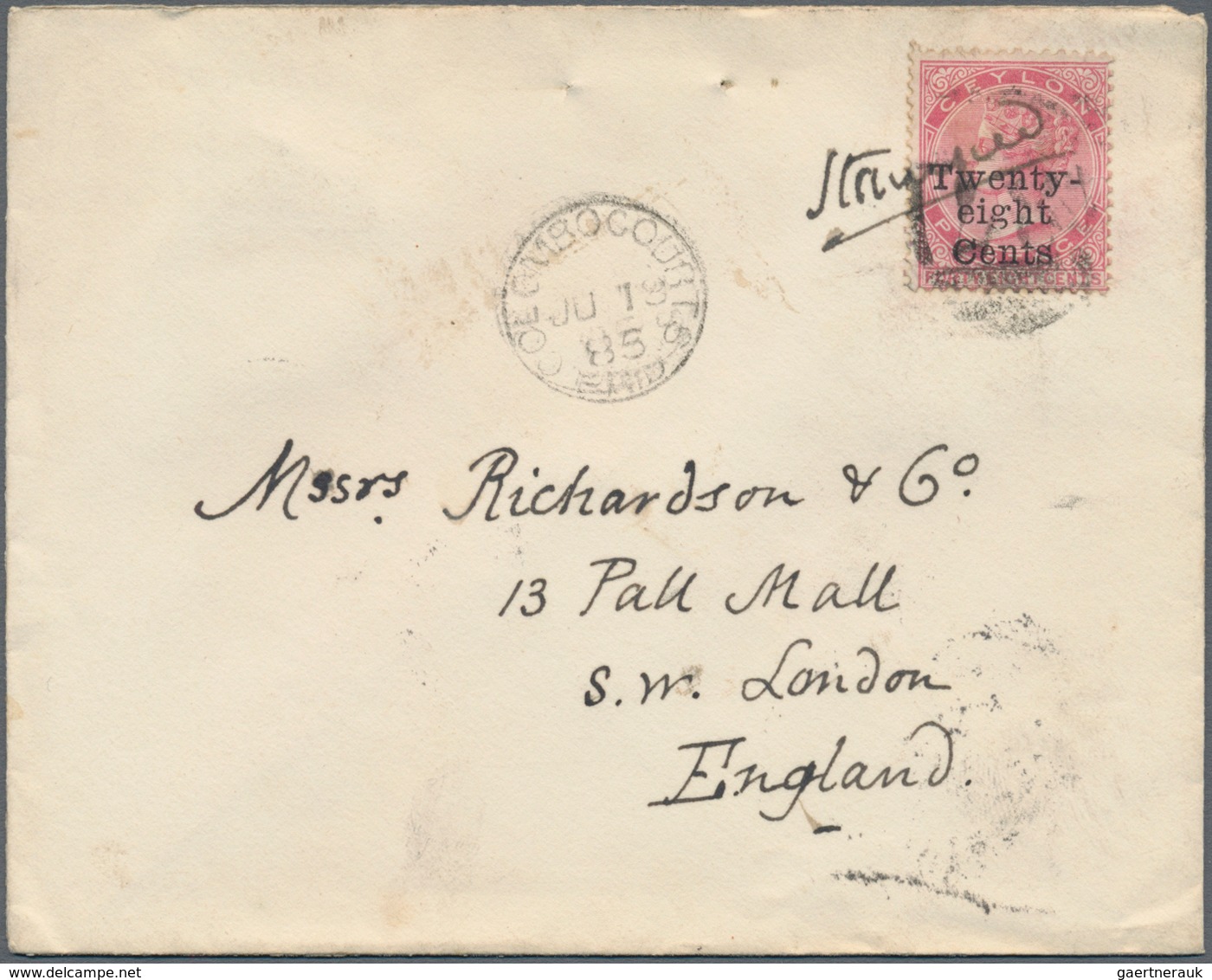 Ceylon / Sri Lanka: 1885. Envelope Addressed To England Bearing SG 168, 28c On 48c Rose Tied By '87' - Sri Lanka (Ceylon) (1948-...)