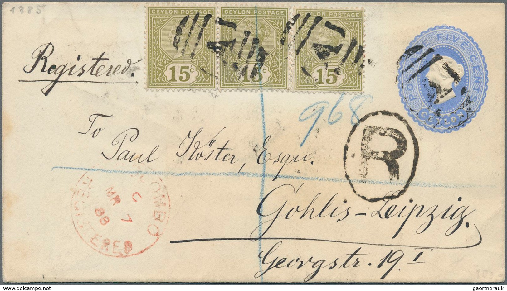 Ceylon / Sri Lanka: 1888/1892, Two Postal Stationery Items To Germany, With 1) 1887 P/s Envelope 5c. - Sri Lanka (Ceylon) (1948-...)