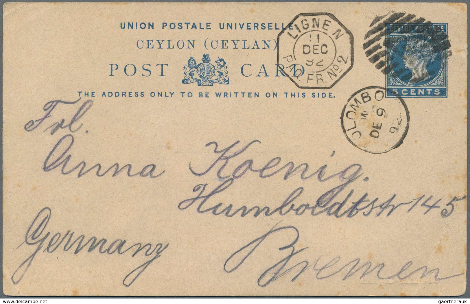 Ceylon / Sri Lanka: 1888/1892, Two Postal Stationery Items To Germany, With 1) 1887 P/s Envelope 5c. - Sri Lanka (Ceylon) (1948-...)