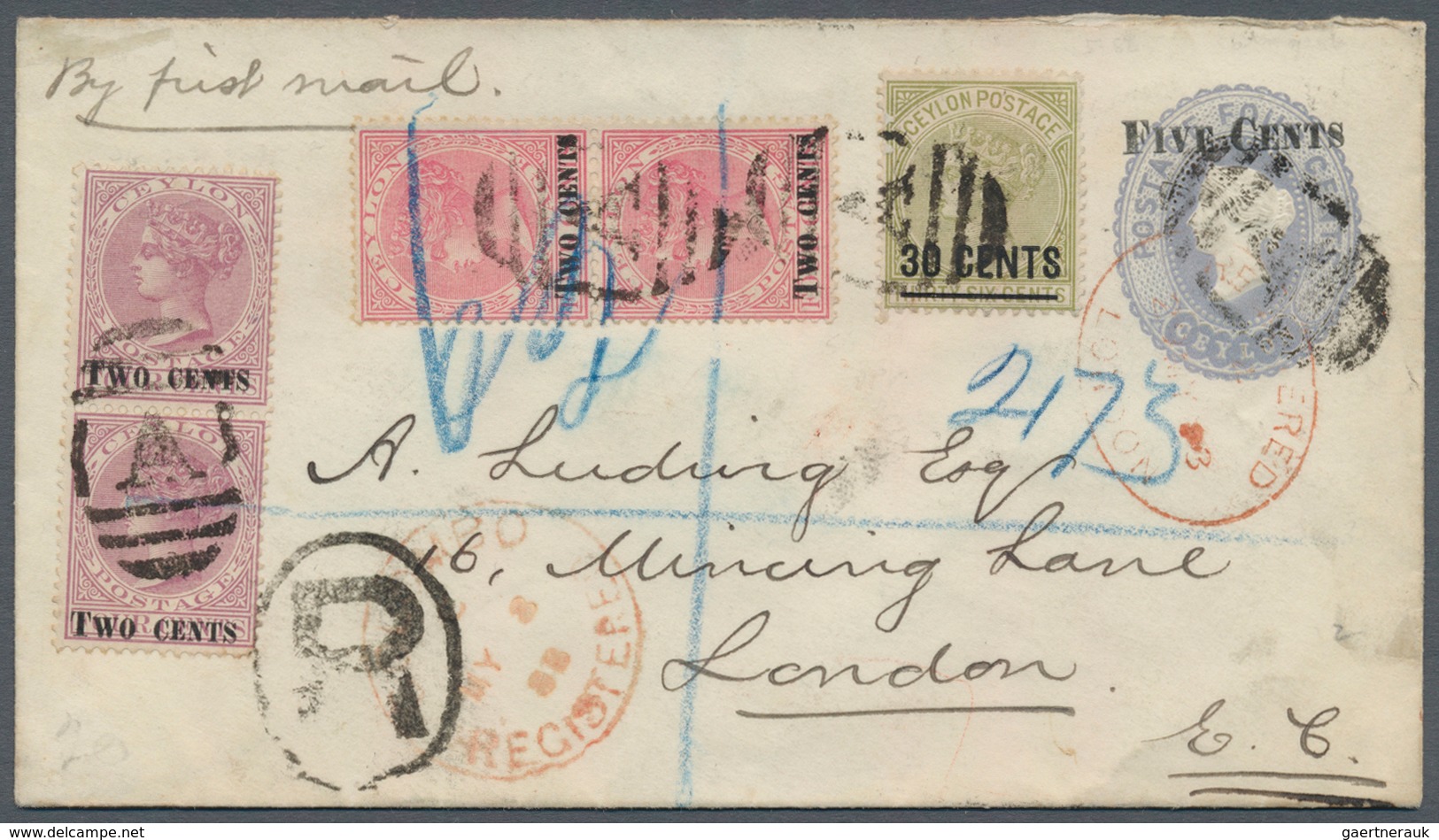 Ceylon / Sri Lanka: 1893, Postal Stationery Envelope "FIVE CENTS" On 4c. Blue Used Registered From C - Sri Lanka (Ceylon) (1948-...)