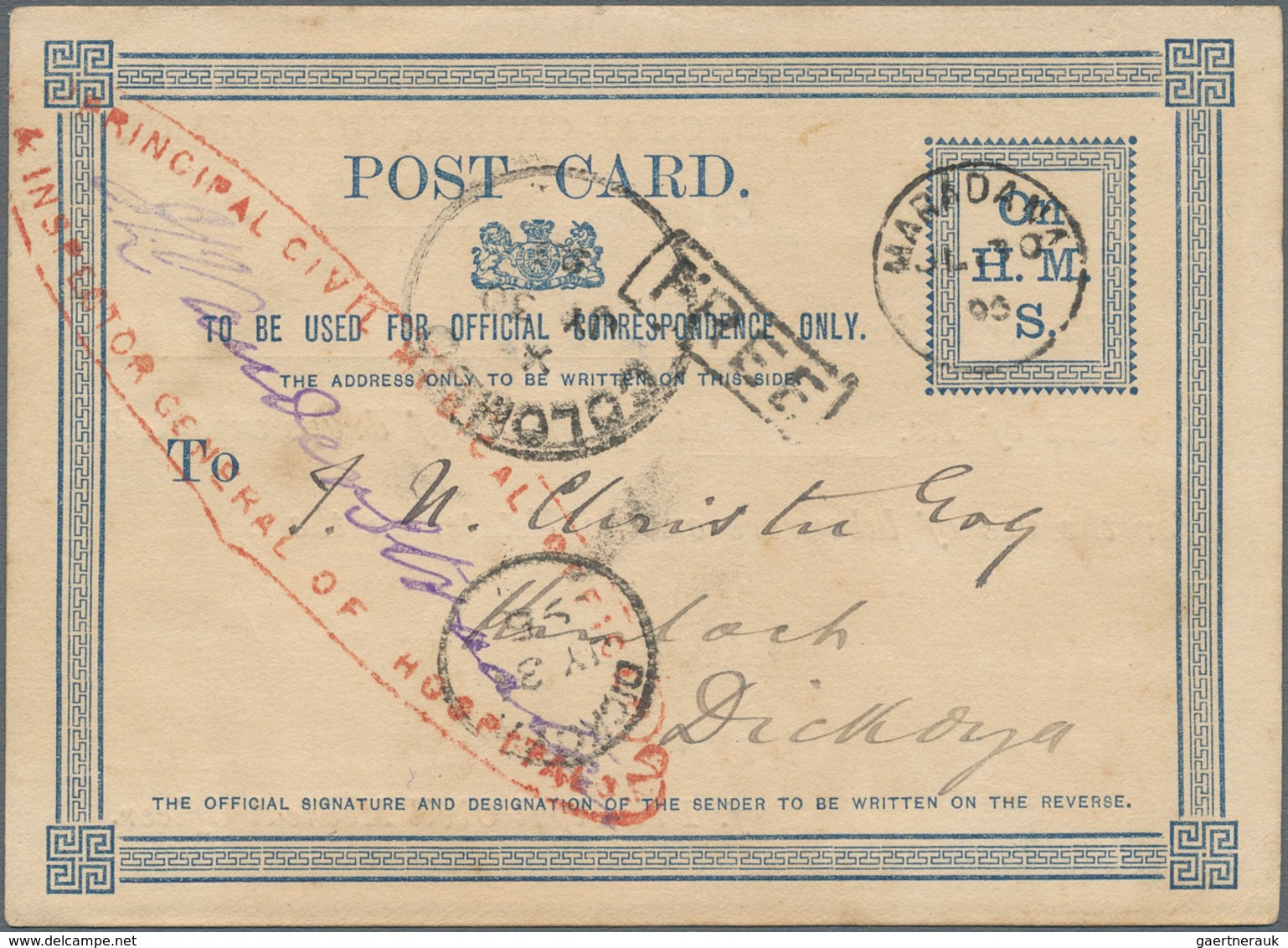 Ceylon / Sri Lanka: 1895, Blue Official Service Postcard "On H.M.S." With Special Red Cachet For Pri - Sri Lanka (Ceylon) (1948-...)