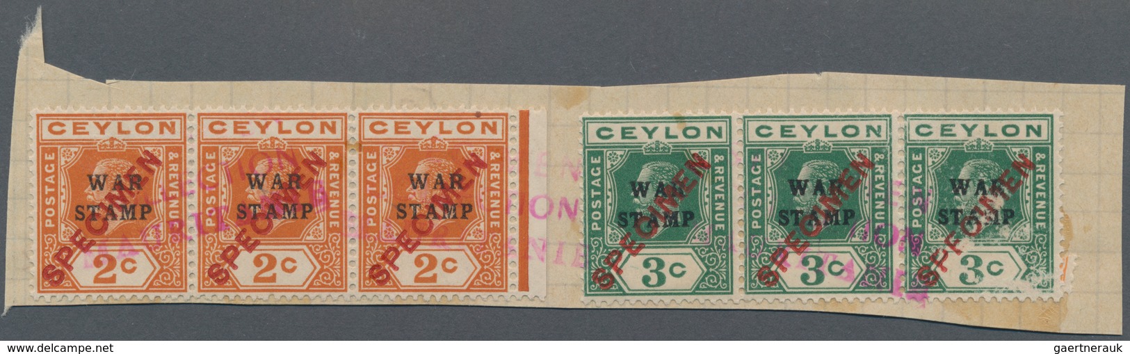 Ceylon / Sri Lanka: 1918, 5 Strips Of 3 "specimen" In Blue Or Red, On UPU Album Page, Red Overprint - Sri Lanka (Ceylon) (1948-...)