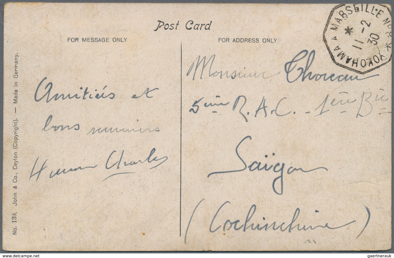 Ceylon / Sri Lanka: 1930. Picture Post Card Of ‘Grand Oriental Hotel, Colombo' Addressed To Saigon B - Sri Lanka (Ceylon) (1948-...)