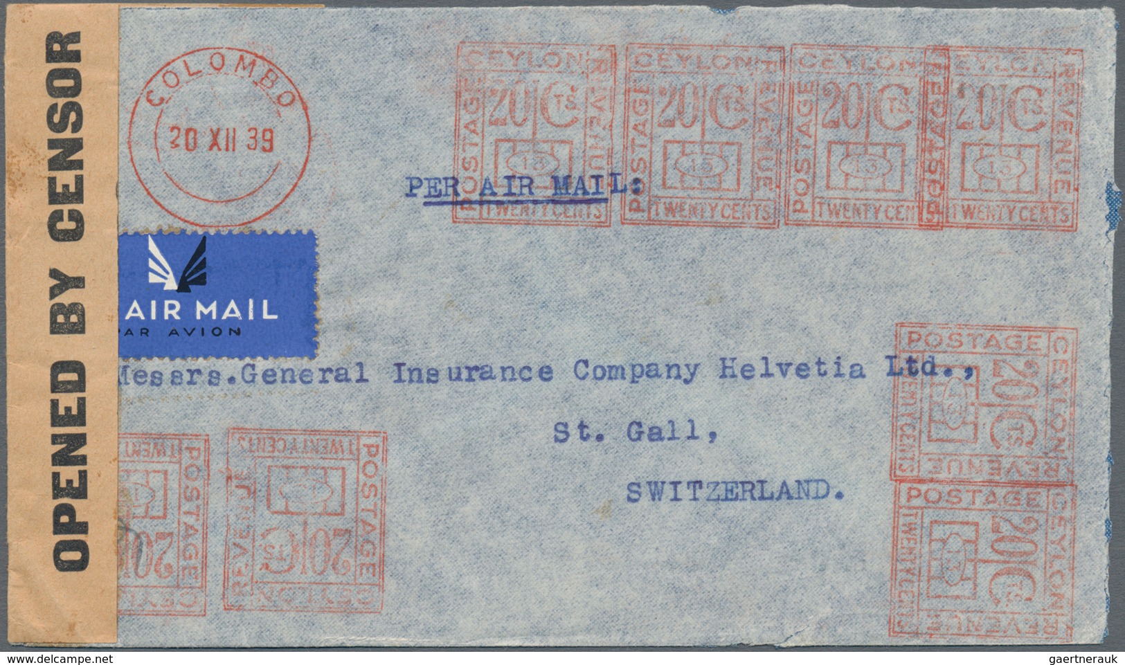 Ceylon / Sri Lanka: 1939. Air Mail Envelope Addressed To St. Gallen, Switzerland Cancelled By 'Ceylo - Sri Lanka (Ceylan) (1948-...)