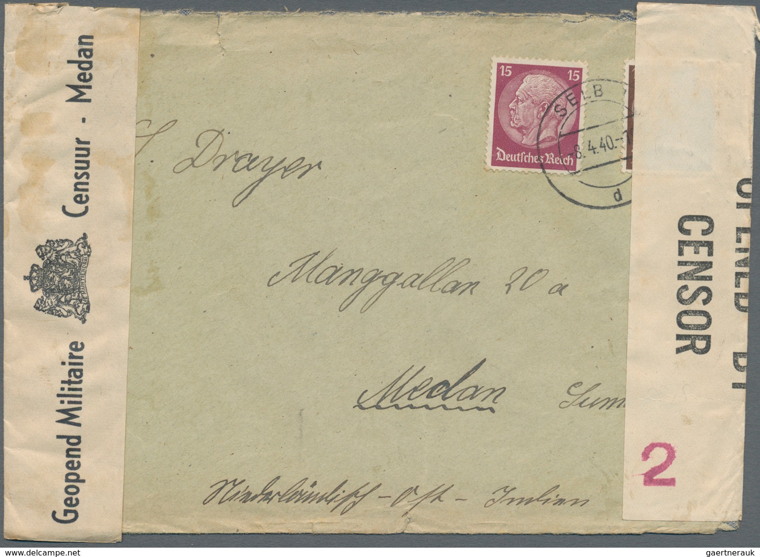 Ceylon / Sri Lanka: 1940. Envelope Addressed To Medan, Sumatra Bearing Germany Yvert 447, 10pf Maroo - Sri Lanka (Ceylon) (1948-...)