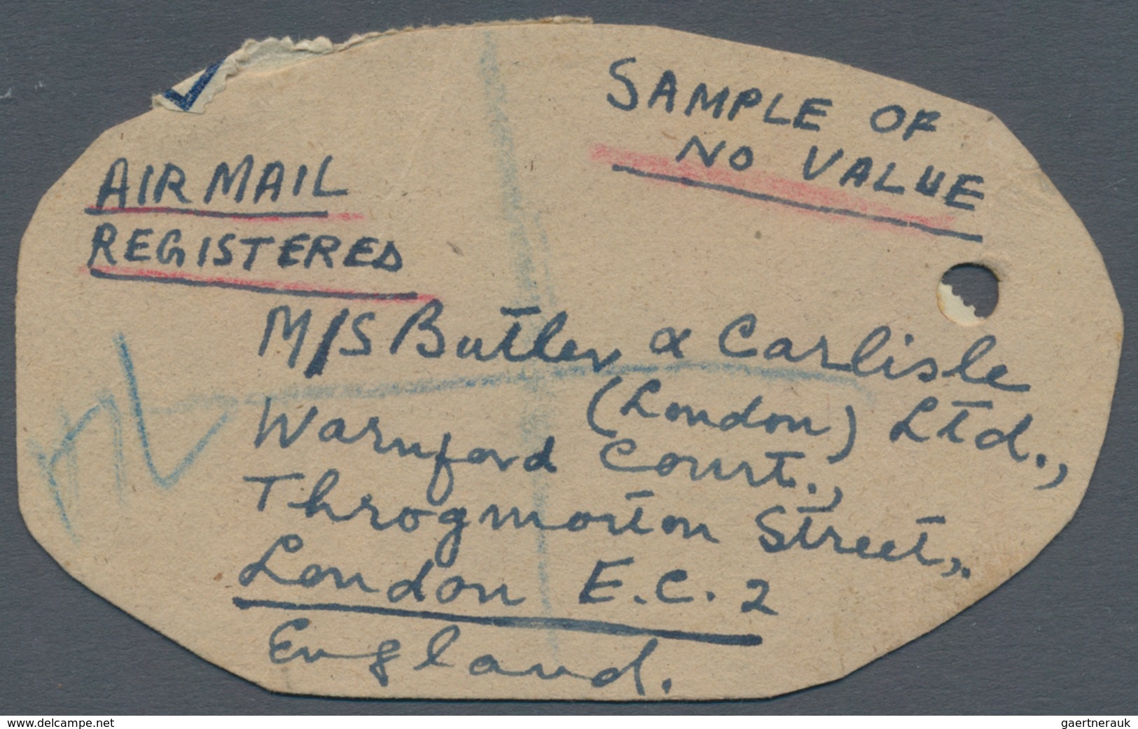 Dubai: 1952 Registered Air Mail 'Sample Tag' Addressed To London And Franked On The Reverse By Briti - Dubai