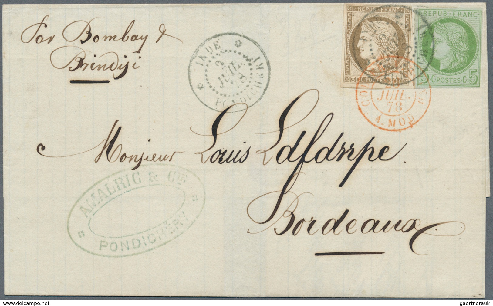Französisch-Indien: 1878. Envelope Addresssed To France Bearing French General Colonies Yvert 17, 5c - Brieven En Documenten