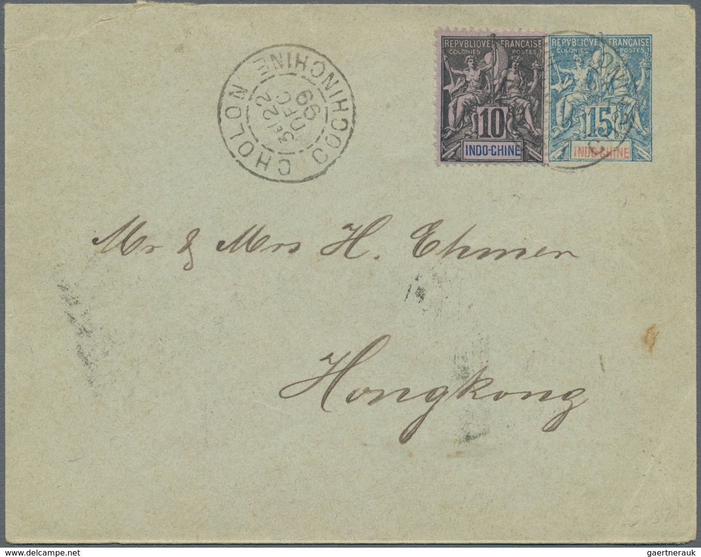 Französisch-Indochina: 1899. French Indo-China Postal Stationery Envelope 15c Blue Upgraded With Fre - Briefe U. Dokumente