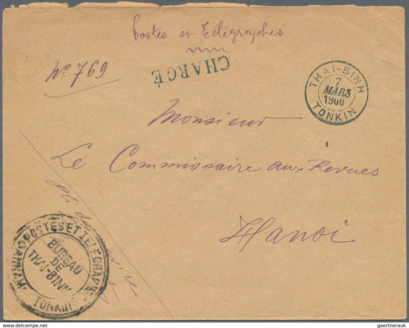 Französisch-Indochina: 1900. Charged Official Mail Stamp-less Envelope Addressed To Hanoi Headed 'Po - Brieven En Documenten
