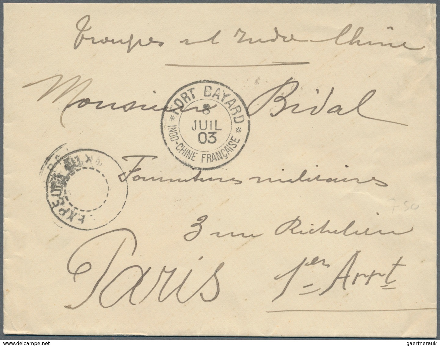 Französisch-Indochina: 1903. Stamp-less Envelope Addressed To France Endorsed 'Corps D'Occupation Du - Lettres & Documents