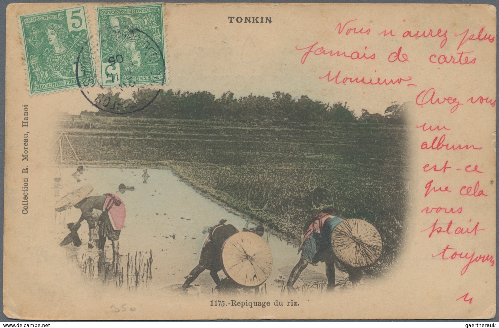 Französisch-Indochina: 1905, Picture Post Card Of 'Planting Rice’ Addressed To France Bearing Indo-C - Cartas & Documentos