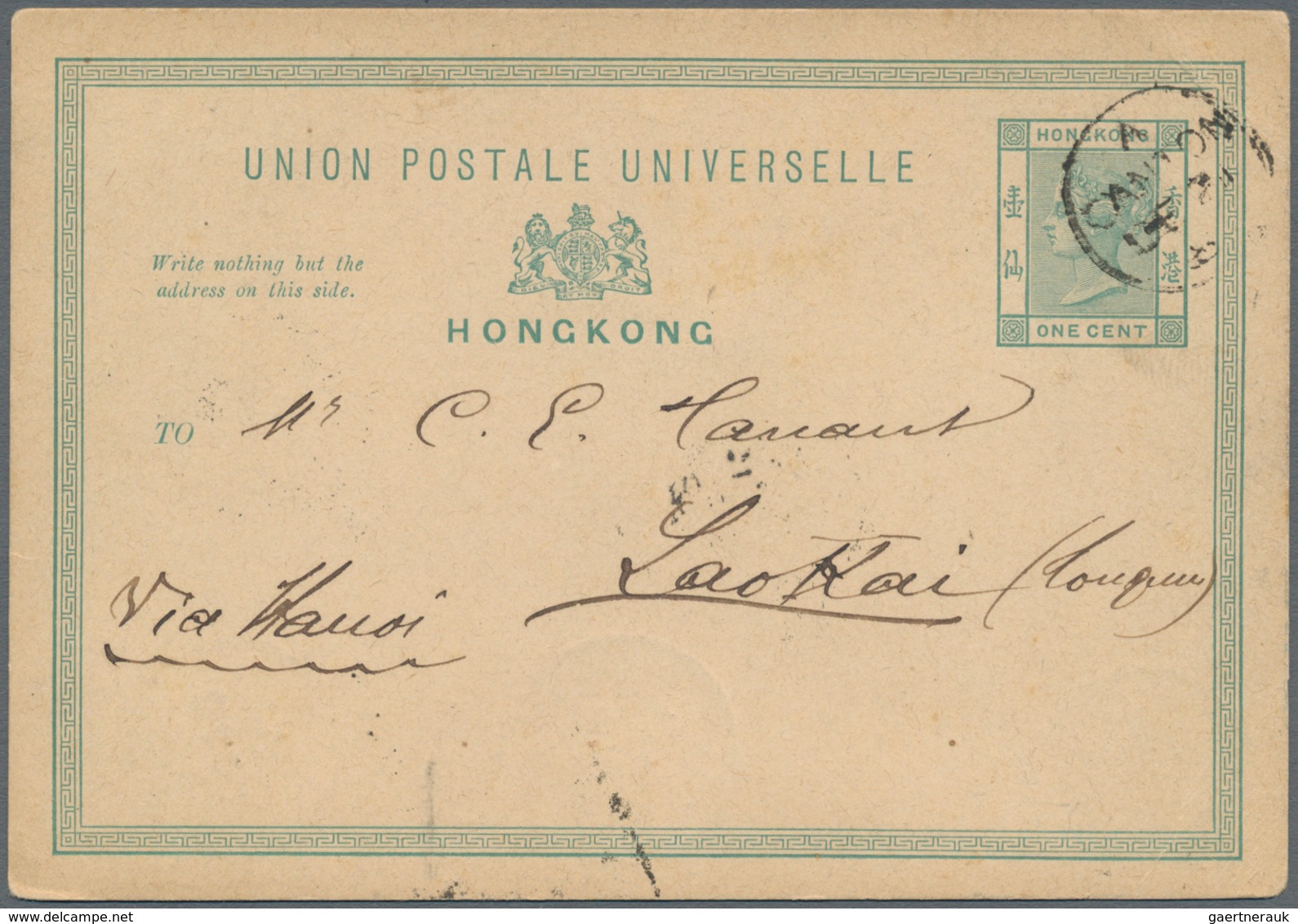 Hongkong - Treaty Ports: 1889. Hong Kong Postal Stationery Card 'one Cent' Green Cancelled By Canton - Otros & Sin Clasificación