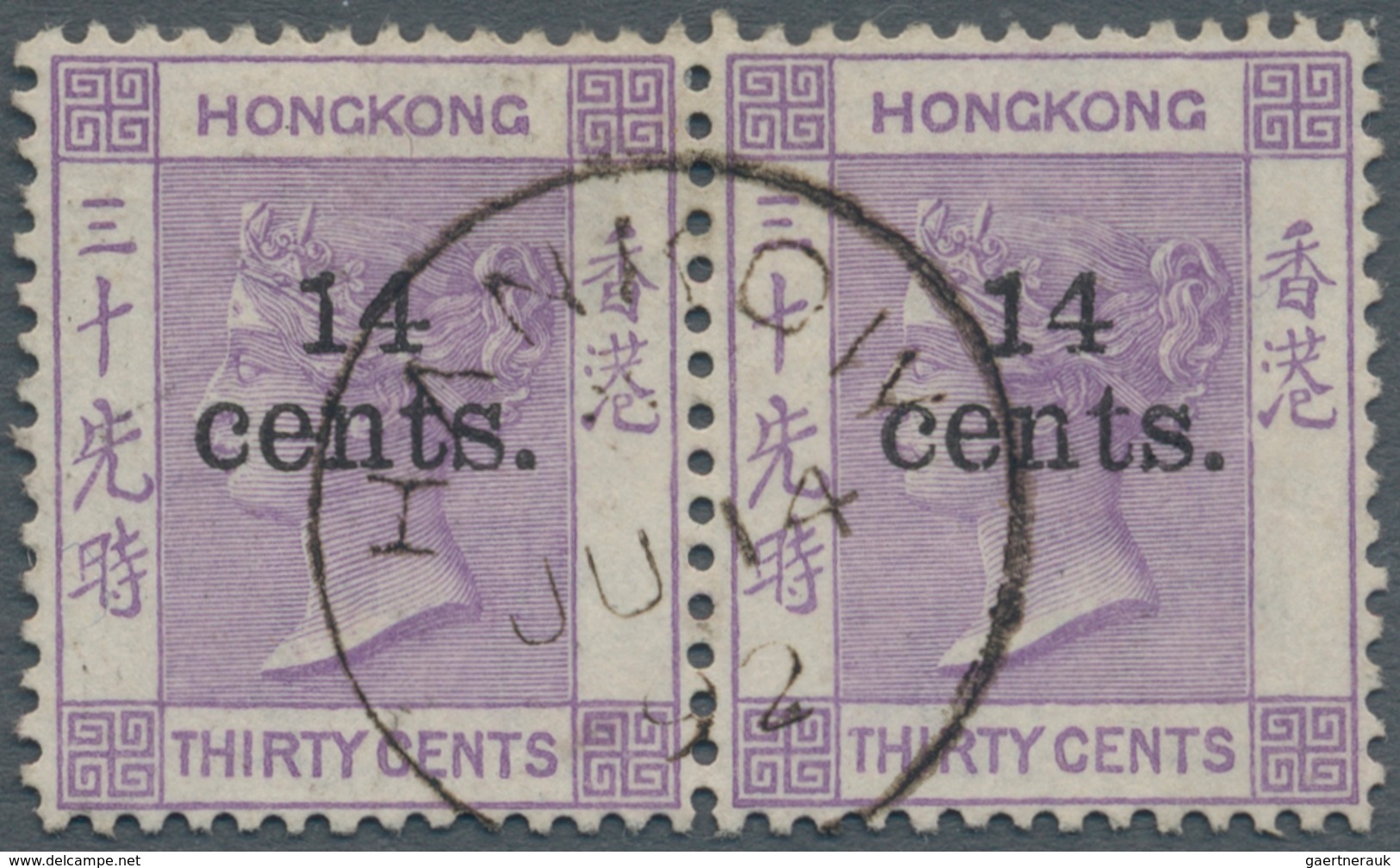 Hongkong - Treaty Ports: 1891. Queen Victoria SG 44, 14c On 30 C Mauve (pair), Watermark CC, Tied By - Sonstige & Ohne Zuordnung