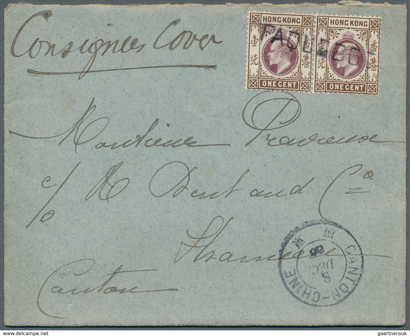 Hongkong - Treaty Ports: 1906. Consignees Envelope Addressed To Shumeen, Canton Bearing SG 62, 1c Pu - Autres & Non Classés