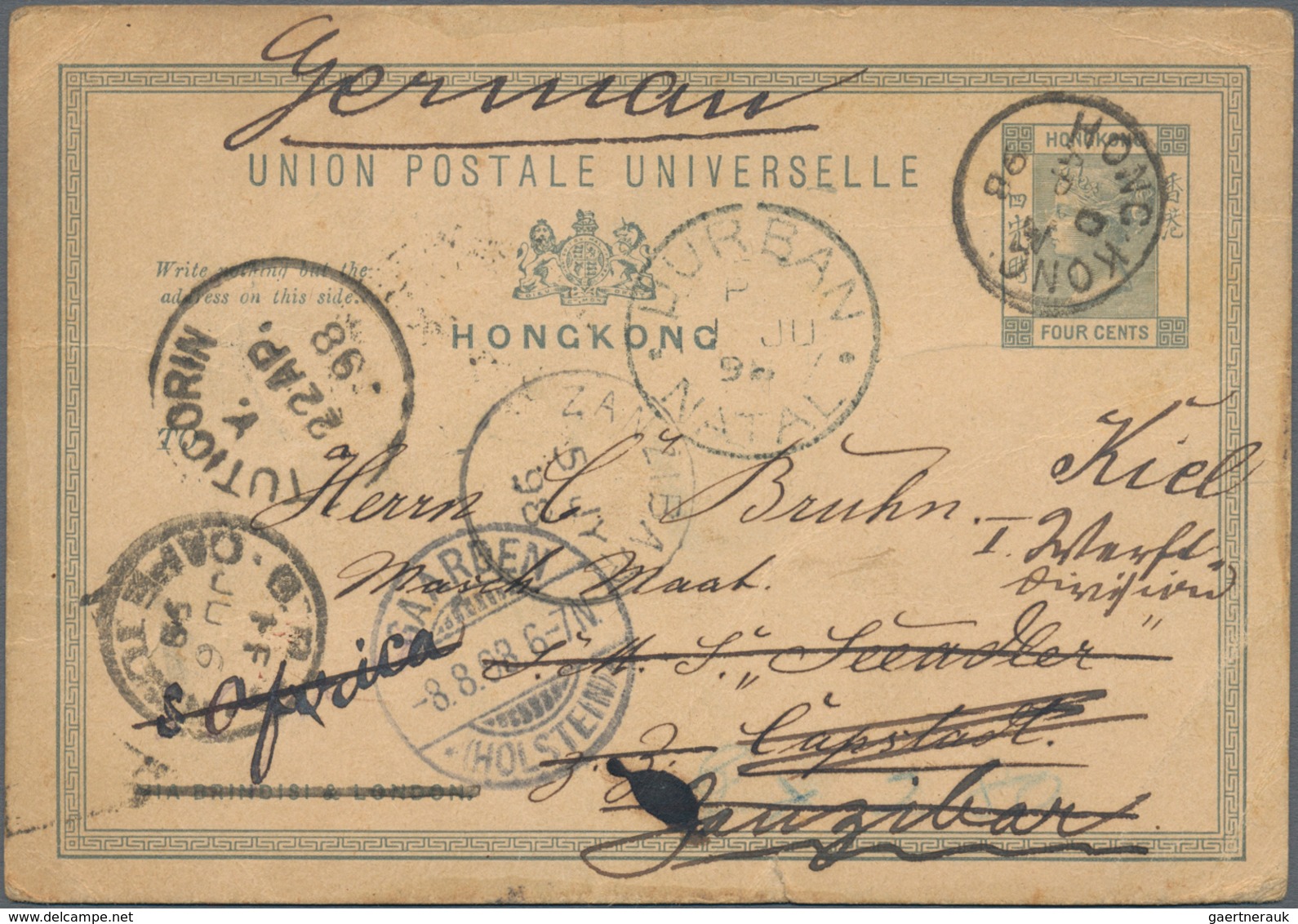 Hongkong - Ganzsachen: 1898, To Zanzibar: UPU Card QV 4 C. Canc. "Hong Kong AP 7 98" To German Gunbo - Postwaardestukken