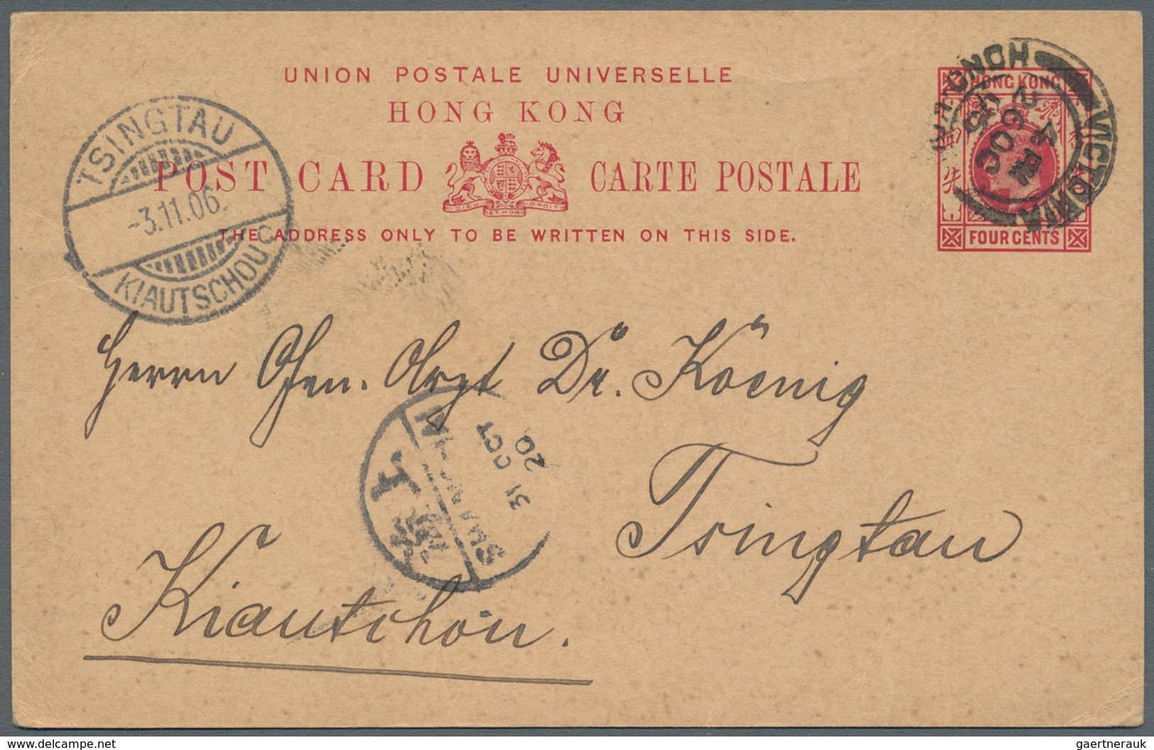 Hongkong - Ganzsachen: 1906, UPU Card KEVII 4 C. Canc. "VICTORIA HONG KONG 26 OC 05" To German Lease - Enteros Postales